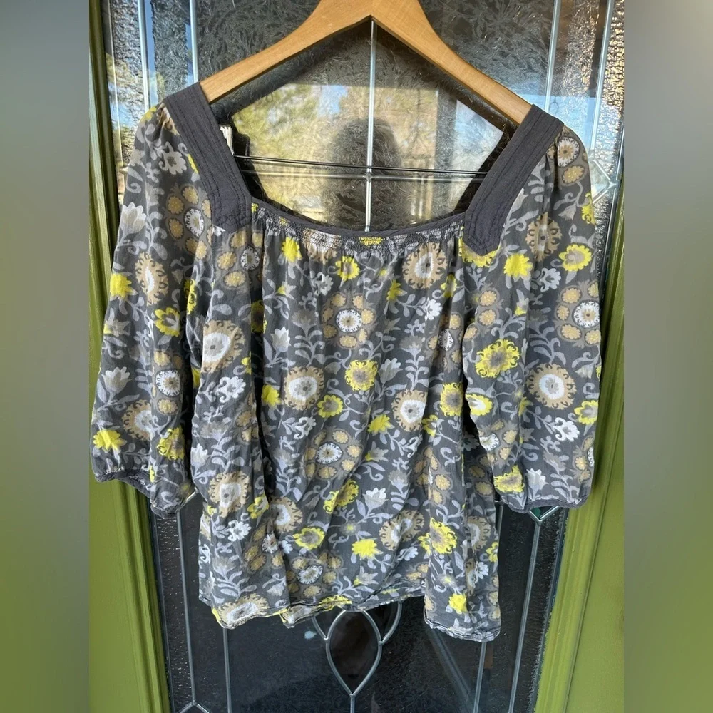 Medium Gray Boho Floral Baggy 100% Cotton Keyhole Smock Neck 3/4 Sleeve Blouse
